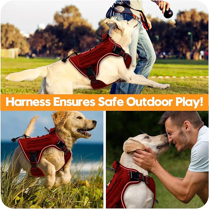 Heavy-Duty Tactical Dog Harness for Large Dogs, No Pull Adjustable Reflective Pet Vest with Molle System, K9 Military-Grade Control for Service Training, Outdoor & 10+ Breeds, Red, XX-Large