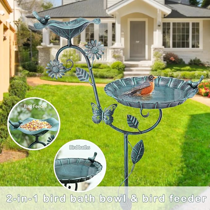 MUMTOP Bird Baths and Feeder for Outdoors, 53 inch Height Metal Birdbath Antique Garden Bird Feeder with Metal Stake for Garden Outside Yard Lawn Decorations, Green