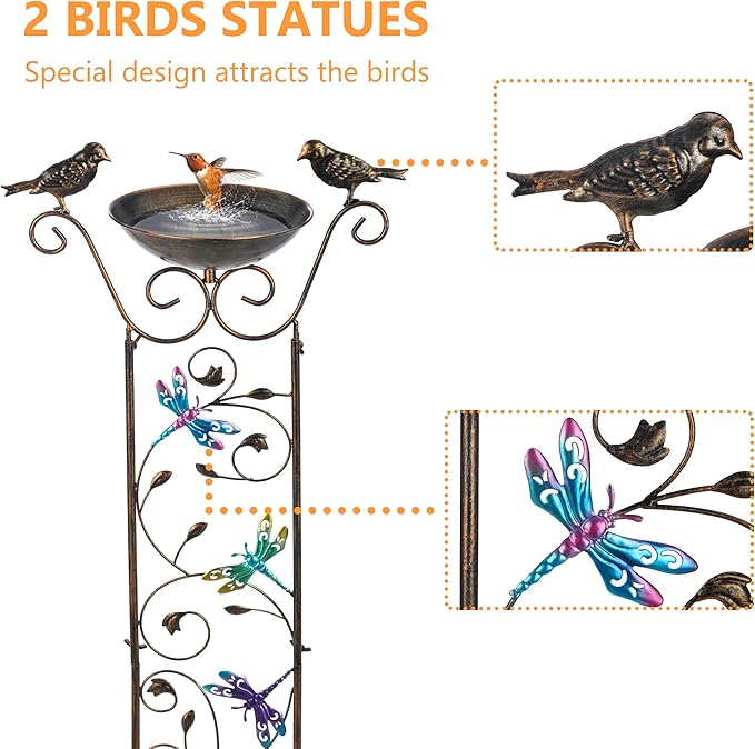 SUNNYPARK Bird Bath with Trellis Outdoor, Antique Garden Iron Plant Trellis with Decorative Dragonfly Detachable Bird Bath Bowl Metal Potted Plant Support for Climbing Flowers