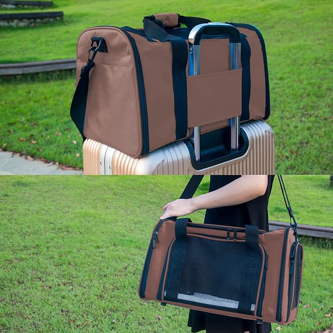 Soft Sided Carrier for Small Medium Cats Dogs,TSA Airline Approved Collapsible Travel Pet Carrier (Medium, Brown)