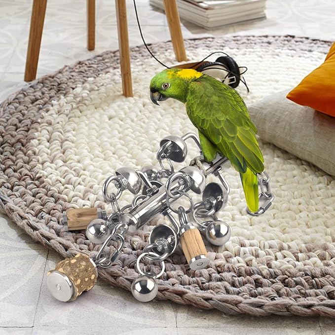 KATUMO Large Bird Toys, Natural Wooden and 304 Stainless Steel Bell Toy for Parrots, 1.46 LB Heavy Birds Cage Toy for Amazon Parrot, African Greys, Budgies, Lovebirds, Cockatiels,Cockatoo