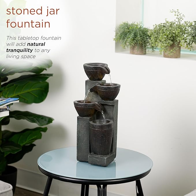 Alpine Corporation TZL416 14" Stoned Jar Water Fountain with Cascading LED Lights, Stylish Tabletop Water Feature for Home, Office, Living Room, Bedroom & Desk Decor, Gray