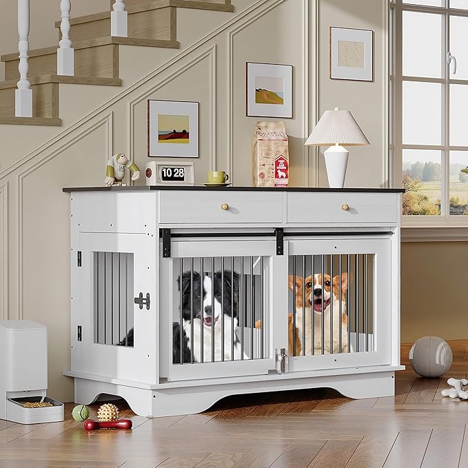 Dog Furniture Crate, 47" Large Dog Crate Furniture w/ 2 Storage Draws & Removable Divider for Large/Medium/Small Dogs (White, One Cage)