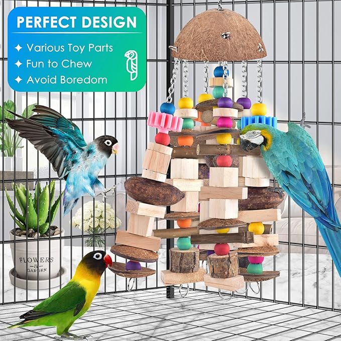 KATUMO Bird Toys, Large Parrot African Grey Wooden Chew Toys for Macaw Medium to Large Birds