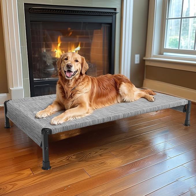 Veehoo Cooling Outdoor Dog Bed, Heavy Duty Elevated Pet Bed with Washable & Breathable Teslin Mesh, Non-Slip Silicon Feet, Dog Cot Bed with Support Hem, 47" x 29", Black Silver, CWC2433