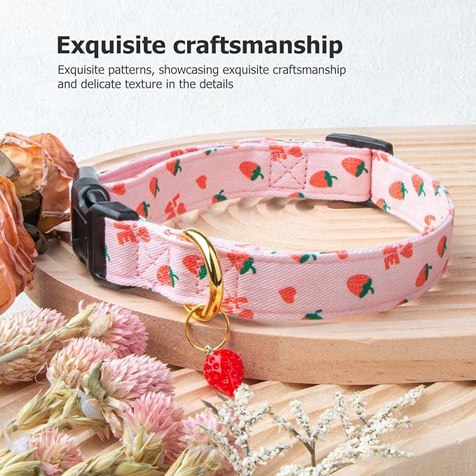 Cotton Handmade Dog Collar Cute and Distinctive Patterns Pink Strawberries with Pendant for Girl Boy Dogs Collars S