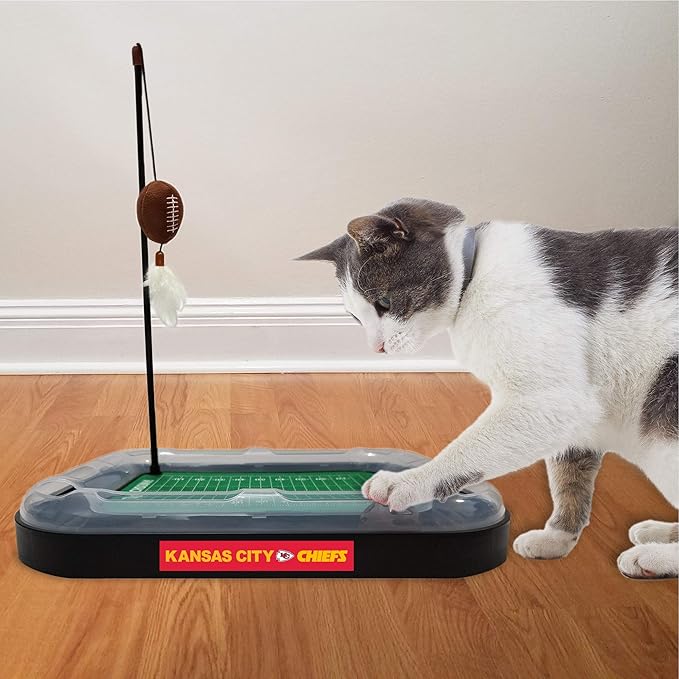 Pets First Cat Plush Toy KANSAS CITY CHIEFS FOOTBALL FIELD CAT SCRATCHER TOY with CATNIP Filled Plush FOOTBALL Toy & Feather Cat Toy hanging, Jingle Bell INTERACTIVE BALL Cat Chasing 5-in-1 KITTY Toy