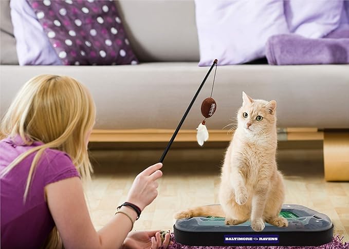 Pets First NFL BALTIMORE RAVENS FOOTBALL FIELD CAT SCRATCHER TOY with CATNIP Filled Plush FOOTBALL Toy & Feather Cat Toy hanging, with Jingle Bell INTERACTIVE BALL Cat Chasing 5-in-1 KITTY Toy