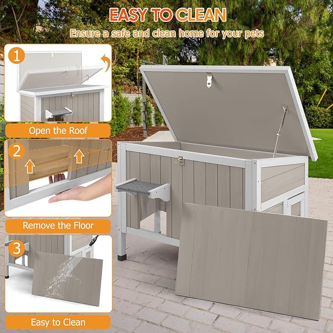 PetsCosset Insulated Cat House Outdoor Weatherproof Feral Cat Shelter for Winter, All-Round Foam Insulation Wooden Pet House for Small Animals with Escape Door,Openable Roof(34.5"L x 21.7"W x 25.6"H)