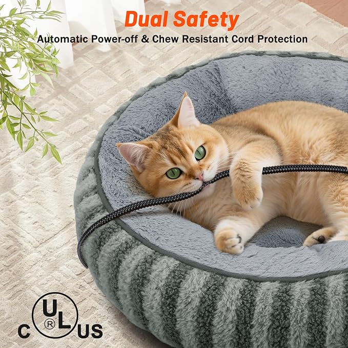 Toove Heated Cat Bed Indoor - 20" Heating Donut Pet Bed for Cats and Small Dogs, Ultra Soft & Cozy Sleeping Cat Beds, Machine Washable, Waterproof & Safe Warming with Timer and Temperature Control