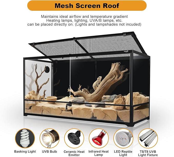 Glass Reptile Terrarium 24" x 18"x 48"Front Opening Chameleon Cage ull View Glass Terrarium Tank with Double Hinge Door for Reptiles Amphibians, Bearded Dragon Gecko Lizard Snake