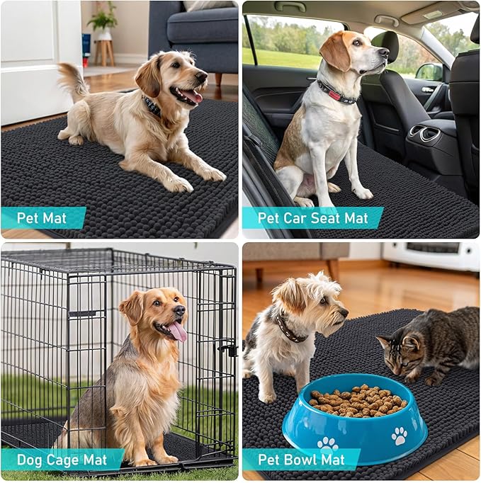 OLANLY Dog Door Mat Set 2-Piece 24x16, Absorbs Moisture and Dirt, Absorbent Non-Slip Washable Doormat, Quick Dry Chenille Mud Mat for Dogs, Entry Indoor Entryway Carpet for Inside Floor, Dark Grey