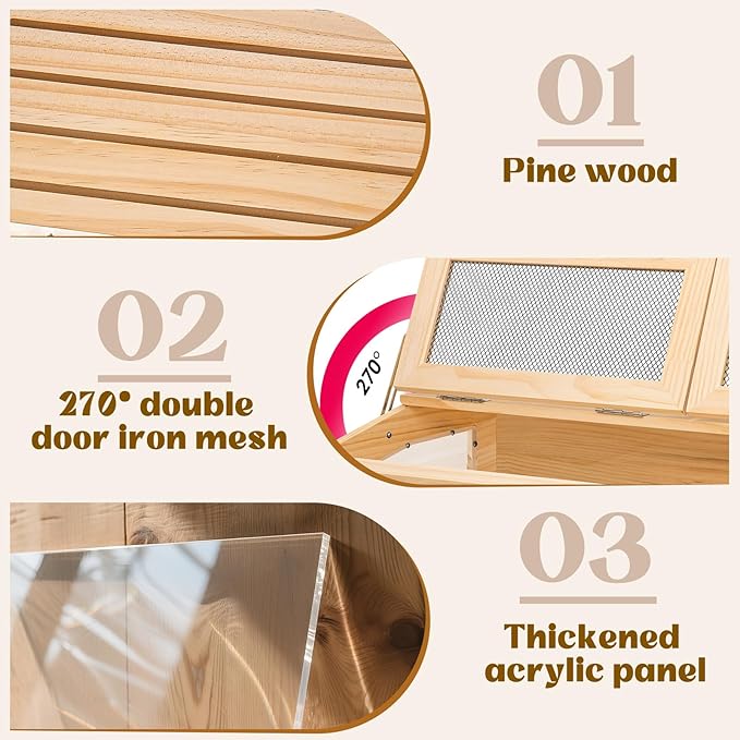 Hamster Cage 32 Inch Wooden Chewproof, 270° View Habitat with Bite-Proof Metal Mesh & Dual Access Doors, Acrylic Sheets & Solid Build for Dwarf Syrian Hamsters/Gerbils/Guinea Pigs/Chinchillas