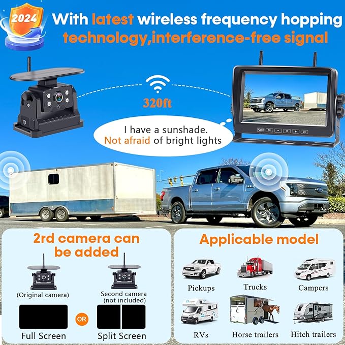 Wireless Backup Camera for RV Install-Free 7-Inch: Magnetic HD 1080P Recording Solar Rear View Camera No-Delay Signal with Touch Button Monitor System Y08