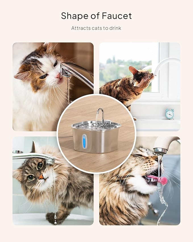 PEKTACO Stainless Steel Cat Water Fountain, 3.2L/108oz Cat Water Dispenser with Ultra-Quiet Water Pump and Water-Level Window, Dishwasher Safe Pet Drinking Fountain for Cats & Small Dogs