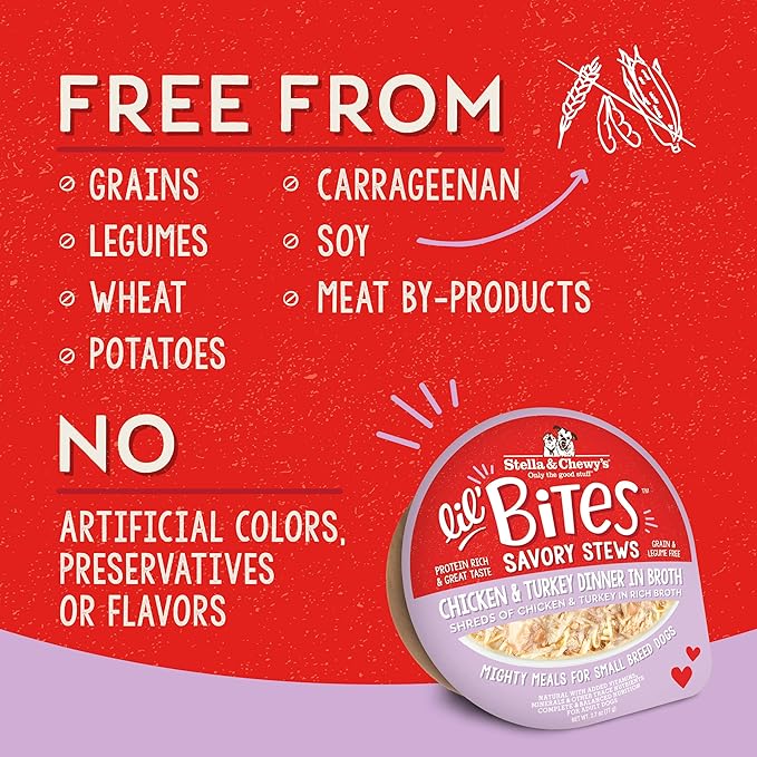 Stella & Chewy's Lil Bites Savory Stews for Small Breeds Chicken & Turkey Dinner in Broth, 2.7 oz Cups (Pack of 12)