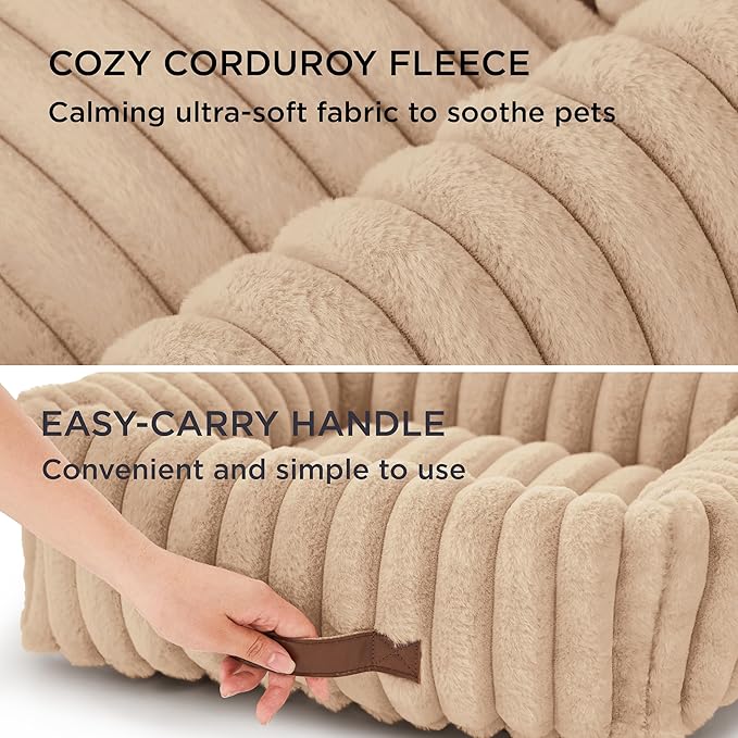 Bedsure Cute Dog Bed for Small Medium Dogs - Washable Furry Puppy Beds, Rectangle Orthopedic Corduroy Fleece Pet Beds with Removable Zipper Cover, 25x21x7inches,Sandy Beige